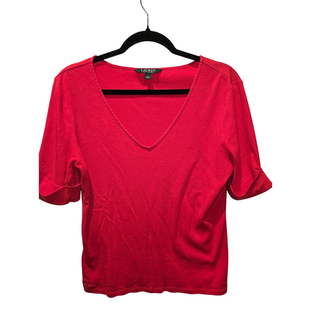 Lauren Ralph Lauren Red V-Neck Cotton Top Short Cuffed Sleeve‎ Womens Large